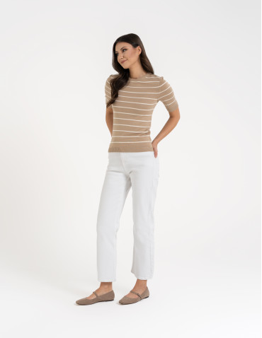 Swetry i kardigany - Sweter damski z krótkim rękawem z wiskozą BEŻOWY - produkt 4