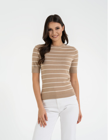 Swetry i kardigany - Sweter damski z krótkim rękawem z wiskozą BEŻOWY - produkt 11