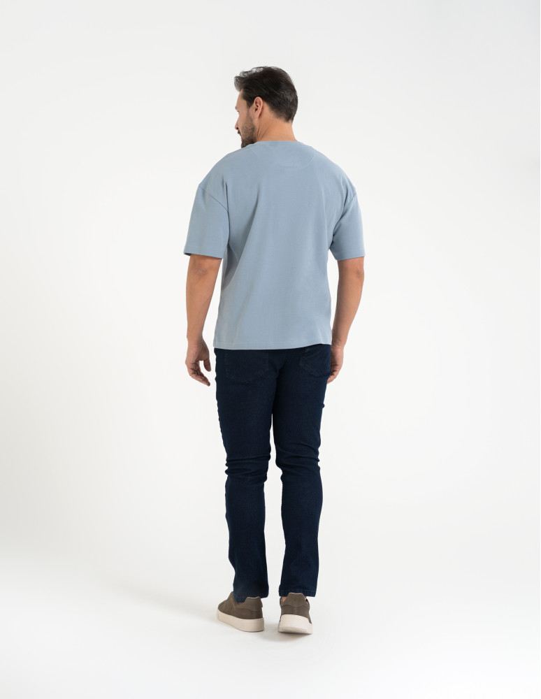 T-shirt męski o luźnym kroju koszulka 100% bawełna NIEBIESKI