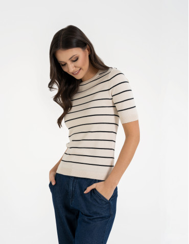 Sweter damski z krótkim rękawem z wiskozą - KREMOWY