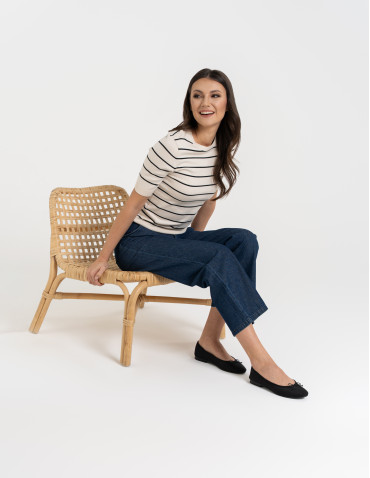 Sweter damski z krótkim rękawem z wiskozą - KREMOWY  - produkt 2