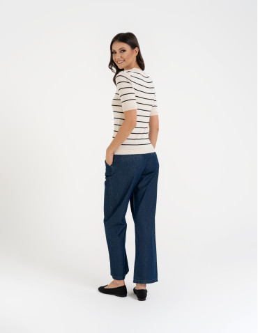 Swetry i kardigany - Sweter damski z krótkim rękawem z wiskozą KREMOWY - produkt 3