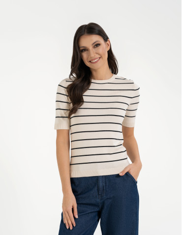 Swetry i kardigany - Sweter damski z krótkim rękawem z wiskozą KREMOWY - produkt 10