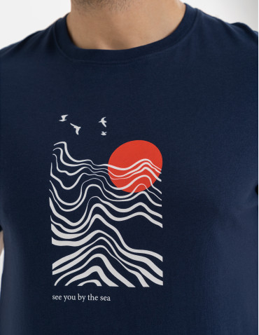 Koszulki z krótkim rękawem - T-shirt męski bawełniany z nadmorskim motywem GRANATOWY - produkt 2