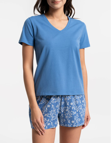 Piżamy z krótkim rękawem - Piżama damska bawełniana dwuczęściowa w kwiatowy wzór NIEBIESKI - produkt 9
