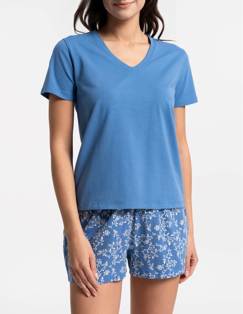 Piżamy z krótkim rękawem - Piżama damska bawełniana dwuczęściowa w kwiatowy wzór NIEBIESKI  - produkt moraj.pl 9