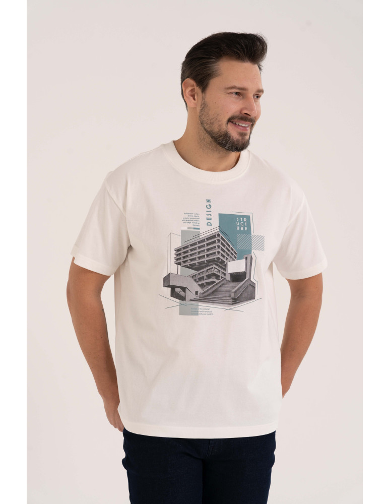 Koszulki z krótkim rękawem - T-shirt męski bawełniany oversize z nadrukiem architektonicznym NIEBIESKI - produkt moraj.pl 1