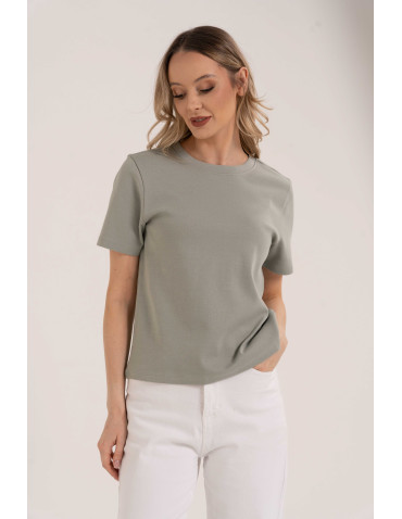 Koszulki z krótkim rękawem - T-shirt damski bawełniany gładki o klasycznym kroju KHAKI - produkt 1