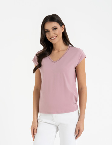 Bluzki i koszule - Bluzka damska bawełniana z koronkowym dekoltem JASNY RÓŻOWY - produkt 1