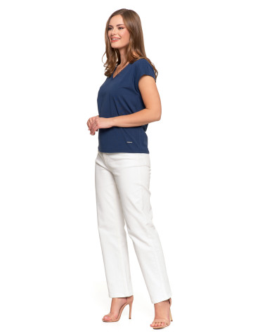 Bluzki i koszule - Bluzka damska bawełniana z koronkowym dekoltem GRANATOWY - produkt 3