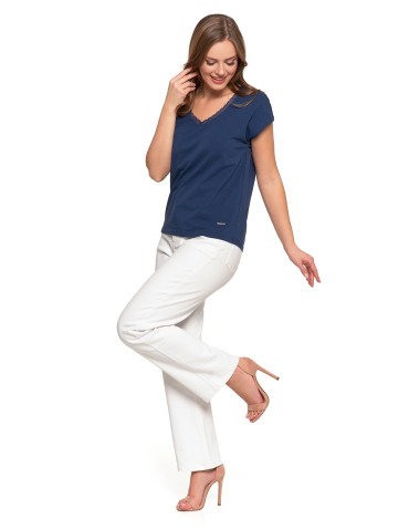 Bluzki i koszule - Bluzka damska bawełniana z koronkowym dekoltem GRANATOWY - produkt 4