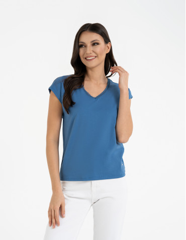 Bluzki i koszule - Bluzka damska bawełniana z koronkowym dekoltem JEANS - produkt 1