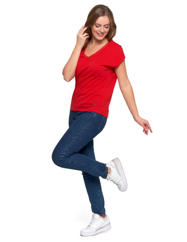 Bluzki i koszule - Bluzka damska bawełniana z koronkowym dekoltem CZERWONY - produkt 1