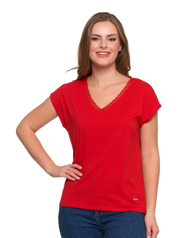 Bluzki i koszule - Bluzka damska bawełniana z koronkowym dekoltem CZERWONY - produkt 4