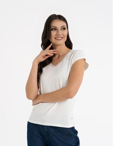 Bluzki i koszule - Bluzka damska bawełniana z koronkowym dekoltem BIAŁY - produkt 1