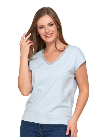 Bluzki i koszule - Bluzka damska bawełniana z koronkowym dekoltem NIEBIESKI - produkt 2