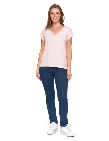 Bluzki i koszule - Bluzka damska bawełniana z koronkowym dekoltem RÓŻOWY - produkt 2