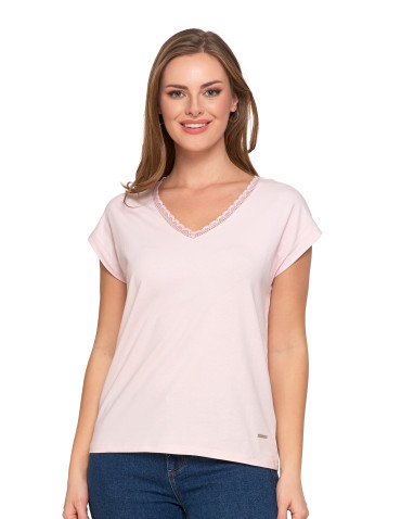 Bluzki i koszule - Bluzka damska bawełniana z koronkowym dekoltem RÓŻOWY - produkt 5