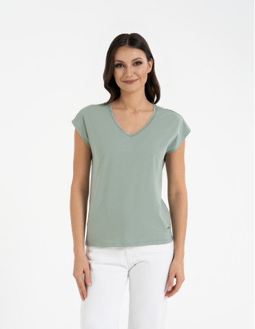 Bluzki i koszule - Bluzka damska bawełniana z koronkowym dekoltem JASNY ZIELONY - produkt 1