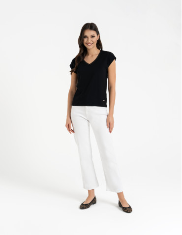 Bluzki i koszule - Bluzka damska bawełniana z koronkowym dekoltem CZARNY - produkt 1