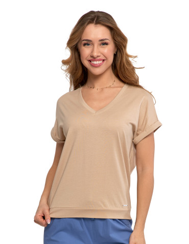 Koszulki i T-shirty - Bawełniana bluzka damska z domieszką modalu i dekoltem V BEŻOWY - produkt 1