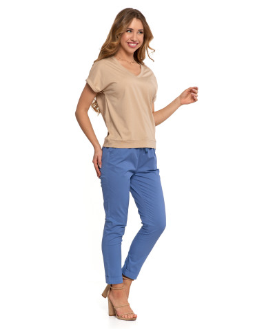 Koszulki i T-shirty - Bawełniana bluzka damska z domieszką modalu i dekoltem V BEŻOWY - produkt 2