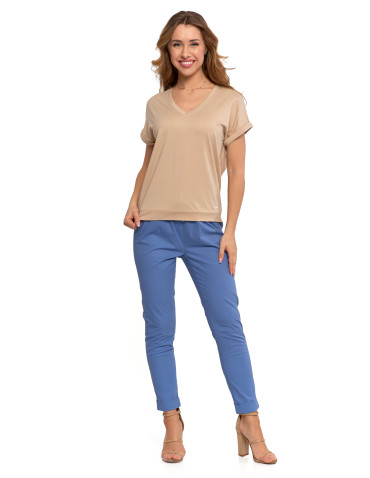 Koszulki i T-shirty - Bawełniana bluzka damska z domieszką modalu i dekoltem V BEŻOWY - produkt 3