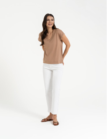 Koszulki i T-shirty - Bawełniana bluzka damska z domieszką modalu i dekoltem V MOKKA - produkt 1