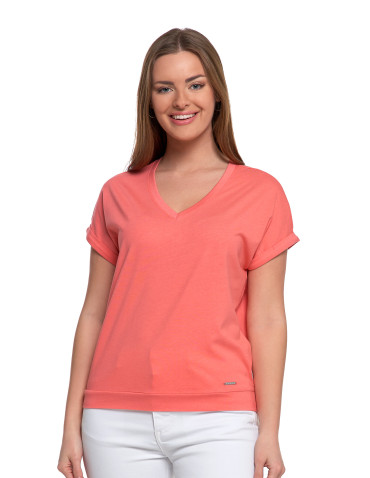 Koszulki i T-shirty - Bawełniana bluzka damska z domieszką modalu i dekoltem V RÓŻOWY - produkt 2