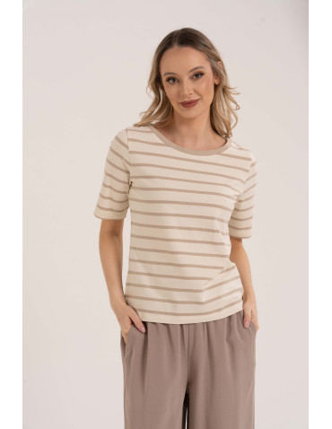 Bluzki z krótkim rękawem - Bluzka damska bawełniana w paski z krótkim rękawem BEŻOWY - produkt 1