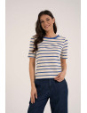 Bluzka damska bawełniana w paski z krótkim rękawem NIEBIESKI