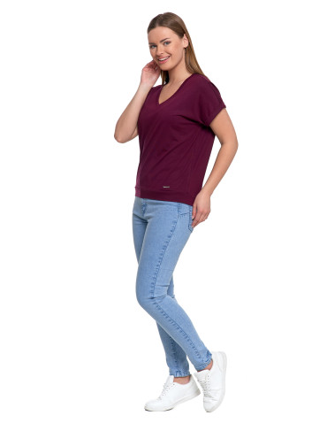 Koszulki i T-shirty - Bawełniana bluzka damska z domieszką modalu i dekoltem V FIOLETOWY - produkt 2