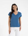 Bawełniana bluzka damska z domieszką modalu i dekoltem V JASNY NIEBIESKI 