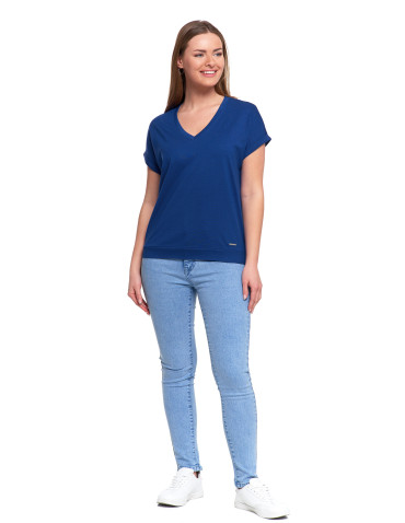 Koszulki i T-shirty - Bawełniana bluzka damska z domieszką modalu i dekoltem V NIEBIESKI - produkt 1