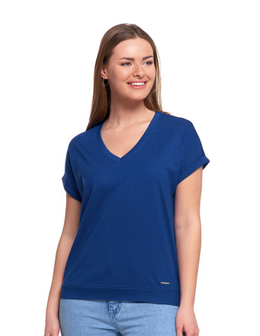 Koszulki i T-shirty - Bawełniana bluzka damska z domieszką modalu i dekoltem V NIEBIESKI - produkt 2