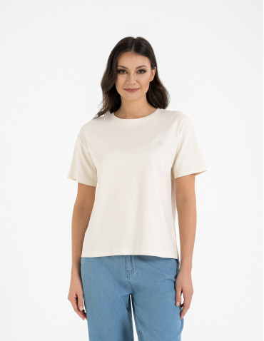 Koszulki i T-shirty - T-shirt damski luźny z haftowanym wzorem KREMOWY - produkt 1