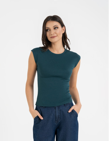 Bluzki i koszule - Bluzka damska prążkowana z krótkim rękawem cap sleeve ZIELONY - produkt 5