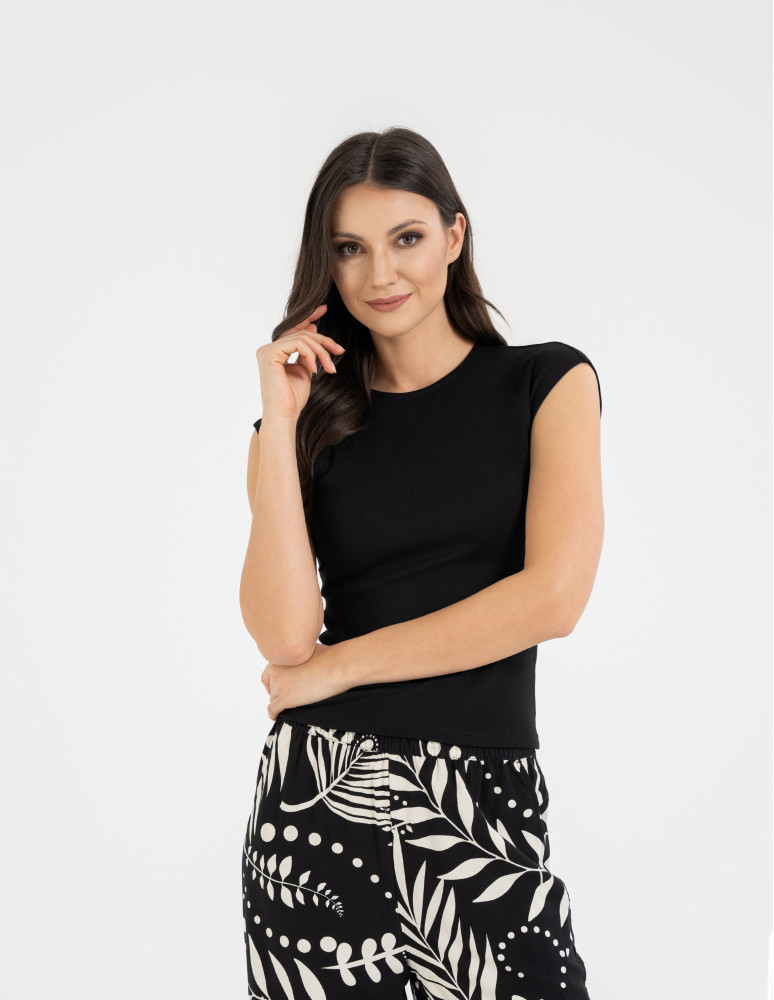 Bluzki i koszule - Bluzka damska prążkowana z krótkim rękawem cap sleeve CZARNY  - produkt moraj.pl 6