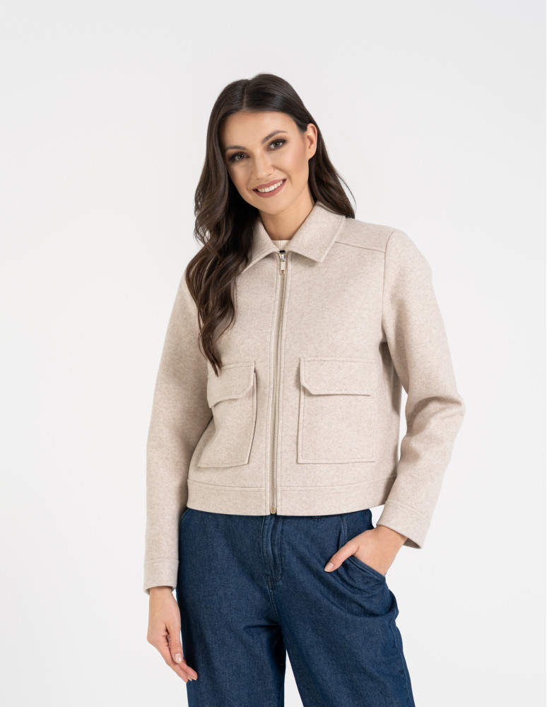 Kurtki i kamizelki - Kurtka damska bomberka z kołnierzem i kieszeniami z przodu BEŻOWY MELANŻ - produkt moraj.pl 3