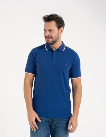 Męska koszulka polo z kolorowym paskiem na kołnierzu - CIEMNY NIEBIESKI