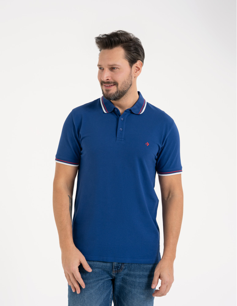 Polo - Męska koszulka polo z kolorowym paskiem na kołnierzu CIEMNY NIEBIESKI - produkt moraj.pl 1