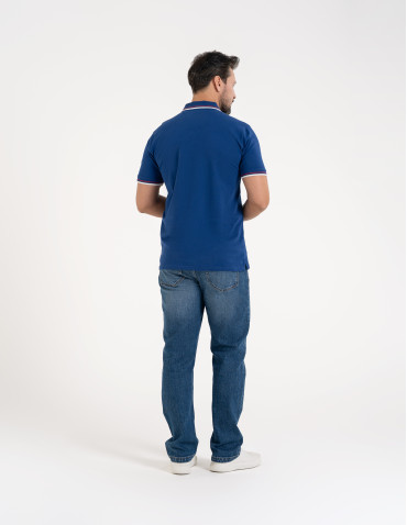 Polo - Męska koszulka polo z kolorowym paskiem na kołnierzu CIEMNY NIEBIESKI - produkt 7