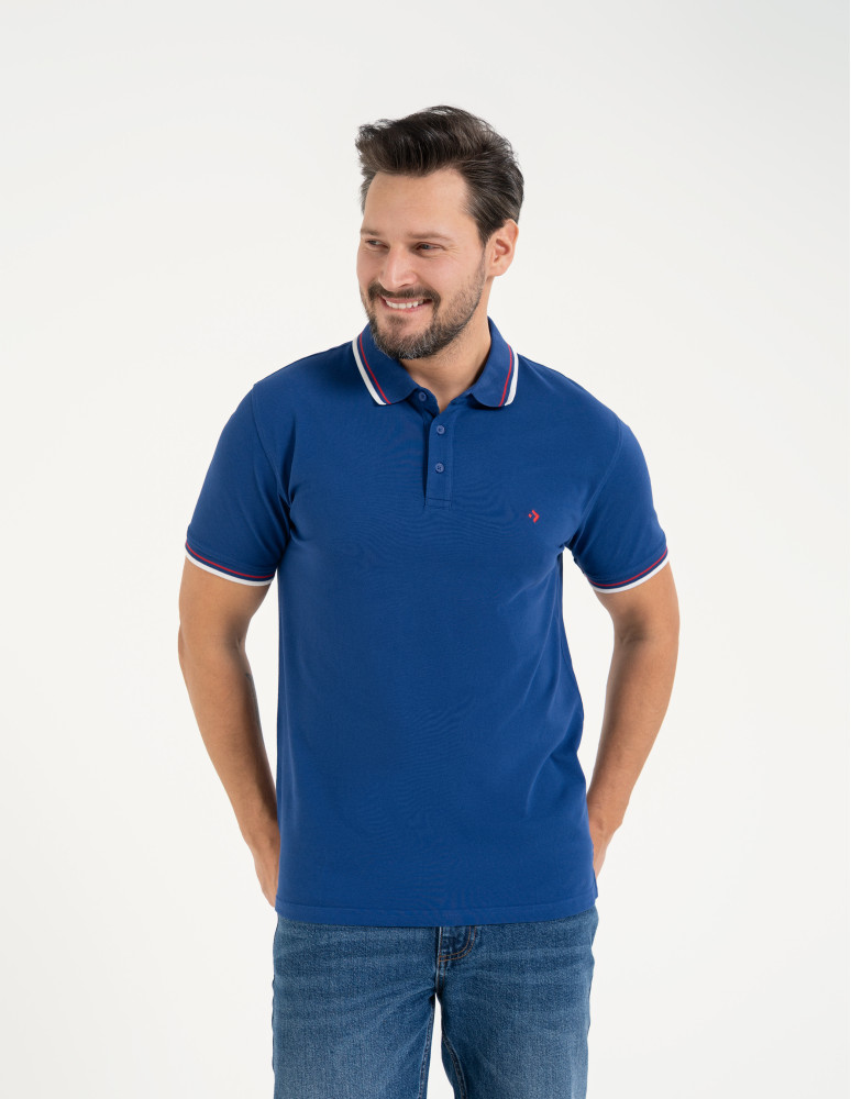 Polo - Męska koszulka polo z kolorowym paskiem na kołnierzu CIEMNY NIEBIESKI  - produkt moraj.pl 5