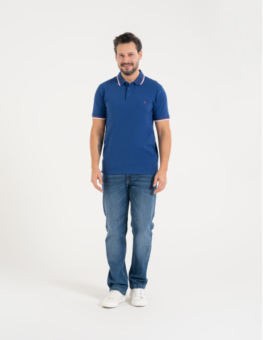 Polo - Męska koszulka polo z kolorowym paskiem na kołnierzu CIEMNY NIEBIESKI - produkt 6