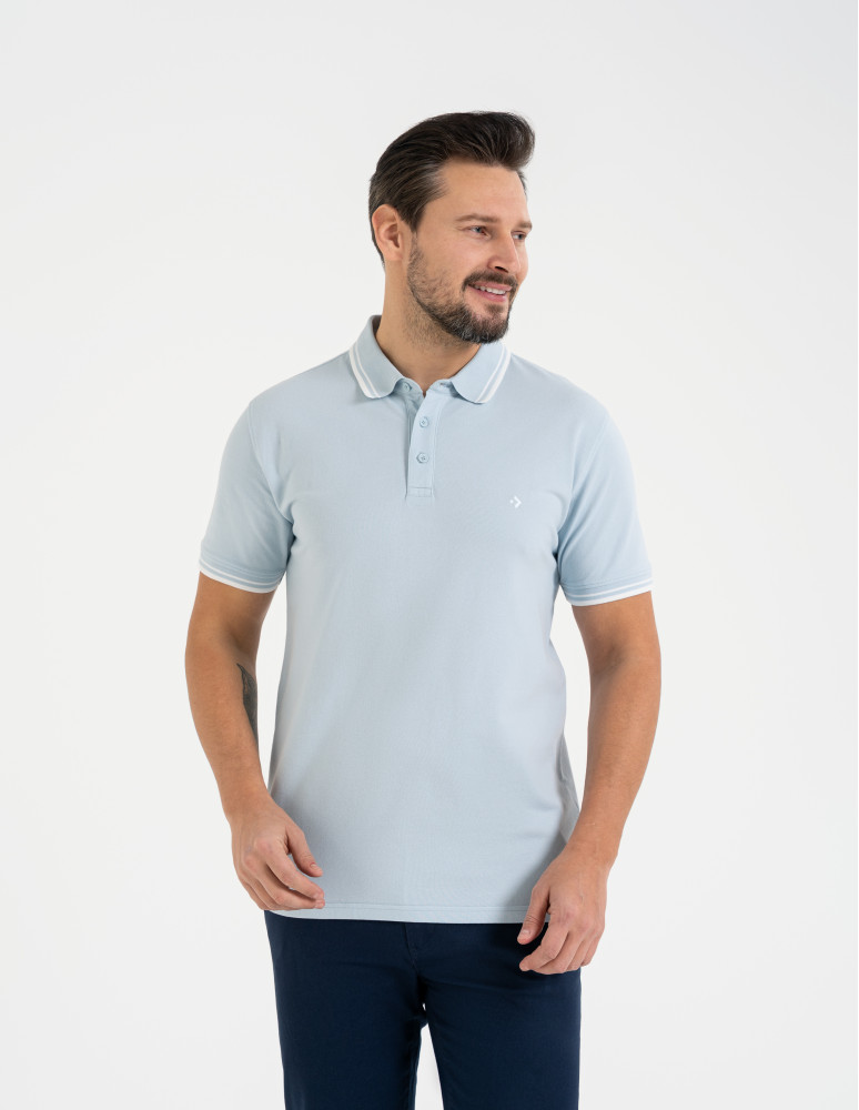 Polo - Męska koszulka polo z kolorowym paskiem na kołnierzu NIEBIESKI - produkt moraj.pl 1