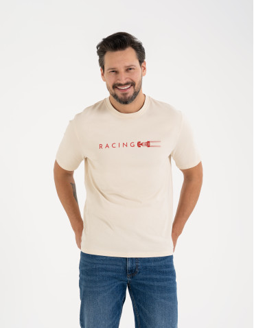 Koszulki i Tank Topy - Męska koszulka z krótkim rękawem o regularnym kroju z printem BEŻOWY - produkt 1