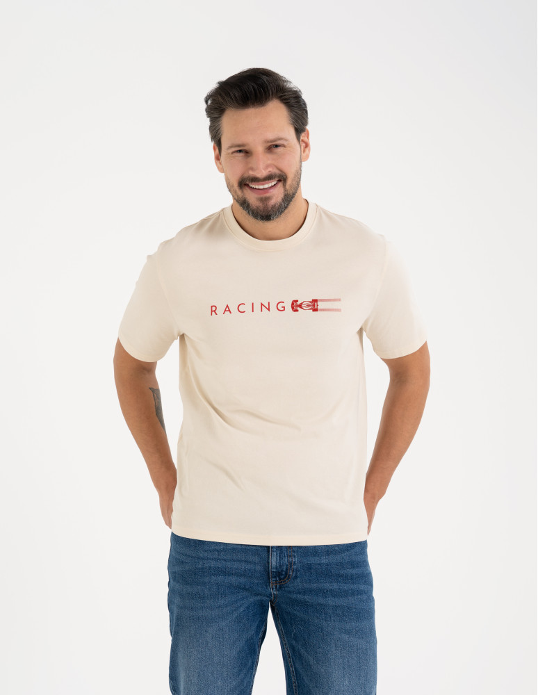 Męska koszulka z krótkim rękawem o regularnym kroju z printem BEŻOWY