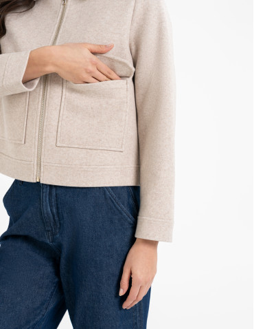 Kurtki i kamizelki - Kurtka damska bomberka z kołnierzem i kieszeniami z przodu BEŻOWY MELANŻ - produkt 9