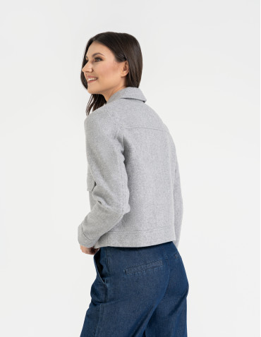 Kurtki i kamizelki - Kurtka damska bomberka z kołnierzem i kieszeniami z przodu SZARY MELANŻ - produkt 3