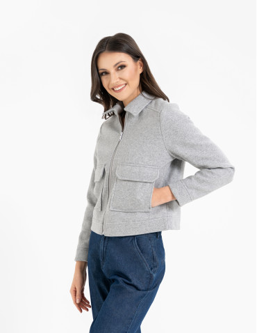 Kurtki i kamizelki - Kurtka damska bomberka z kołnierzem i kieszeniami z przodu SZARY MELANŻ - produkt 4